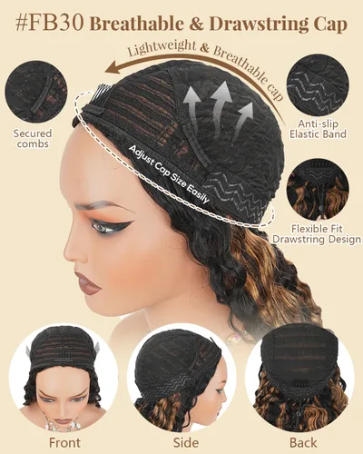 Vista 7 de FB30 - Peluca de cabello humano rizado birmano con 180% de densidad, con reflejos, cordón ombré, 3 en 1, sin pegamento, para usar y llevar, media