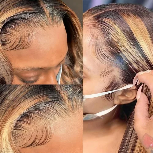 Vista 4 de Peluca de cabello humano ondulado con encaje frontal de 18 pulgadas, color rubio miel, sin pegamento, HD, transparente, encaje frontal