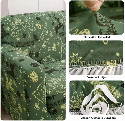 Vista 6 de Funda de sofá de Navidad Verde, Funda Elástica para Sofá, Funda Deslizante para Sofás y Sofás de Dos Plazas, 1 Pieza, Funda Temática Navideña