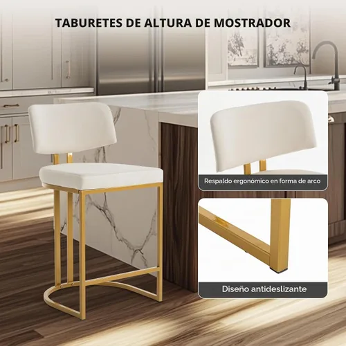 Vista 3 de Modern Barrel - Juego de 2 taburetes de bar, taburetes de altura de mostrador, taburete de terciopelo de 26 pulgadas con respaldo cómodo, silla