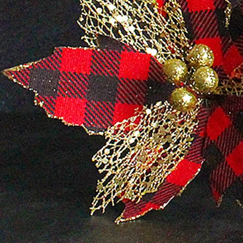 Vista 4 de Artesanía fina floral de Navidad, plástico que no se decolora, color rojo y negro, flor de Navidad para el hogar a cuadros rojos y negros