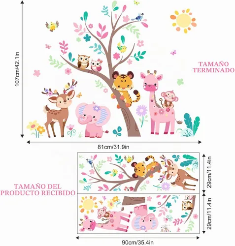 Vista 6 de Supzone Calcomanías de pared de árbol de animales de la selva, elefante rosa, jirafa, calcomanías de pared para niños y niñas, dormitorio, sala