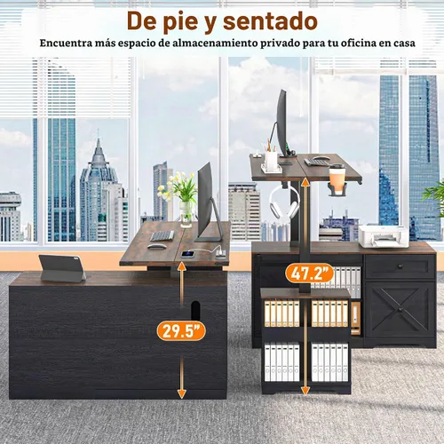 Vista 5 de St.Mandyu Escritorio eléctrico de pie en forma de L, escritorio de computadora ajustable de altura de 55 pulgadas con cajón de archivos, puerta