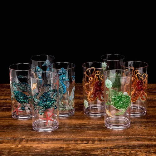 Vista 5 de KX-WARE Sea Ocean Life Vaso de plástico de 20 onzas, juego de vasos de vidrio para bebidas mixtas, juego de 4 multicolor