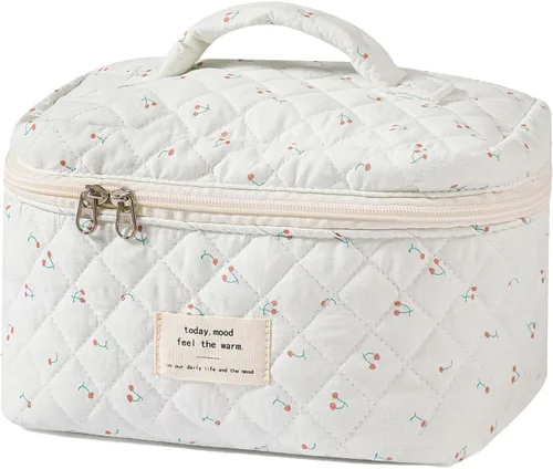 Vista 24 de uekeboag - Bolsa de maquillaje grande de viaje acolchada para mujer, neceser de algodón con estampado floral, neceser con estampado floral