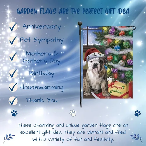 Vista 7 de Doggie of the Day Banderas de jardín Bulldog – Árbol de Navidad con regalos – Doble cara – Regalo decorativo de primavera para patio – Decoración