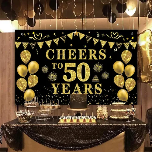 Vista 4 de Trgowaul Decoraciones de cumpleaños número 50/aniversario/boda para mujeres y hombres, pancarta de felicitación a los 50 años, fondo negro y dorado
