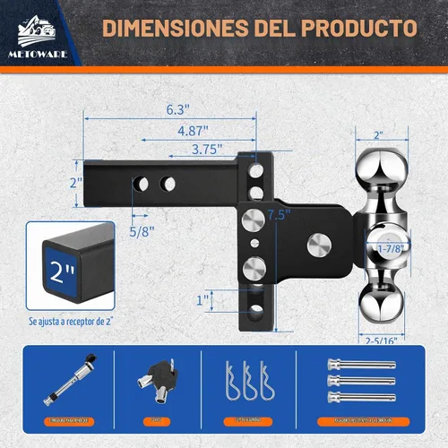 Vista 5 de METOWARE Enganche de remolque ajustable para receptor de 2" Tri-Ball 4 Negro