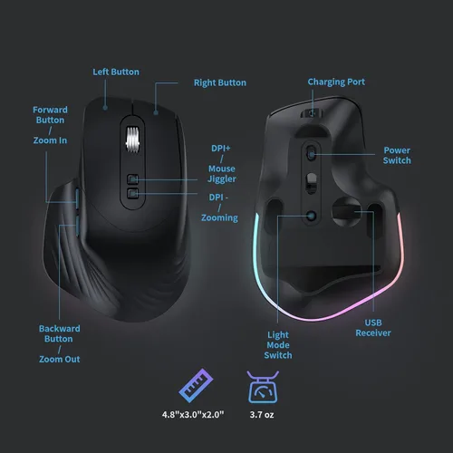 Vista 2 de CIDOO Mouse inalámbrico ergonómico RGB retroiluminado mouse Jiggler con modo de zoom movimiento automático indetectable mouse de lupa USB