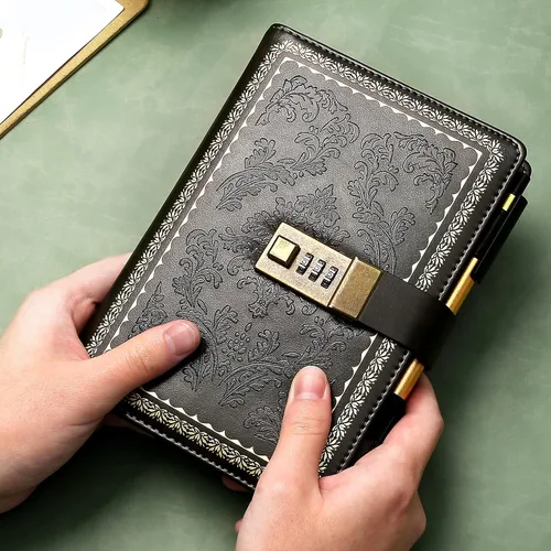 Vista 2 de Lock Diary - Diario vintage con candado para mujer, diario de cuero con cerradura recargable, con bloqueo personal, diario de escritura B6, diario