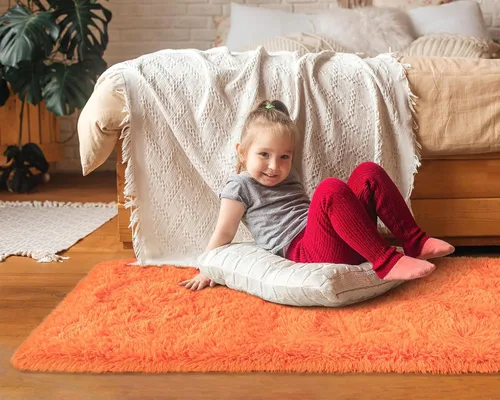 Vista 5 de Softlife Alfombra naranja para dormitorio, alfombra de felpa esponjosa para sala de estar para niñas, alfombra lanuda para niños, alfombra suave