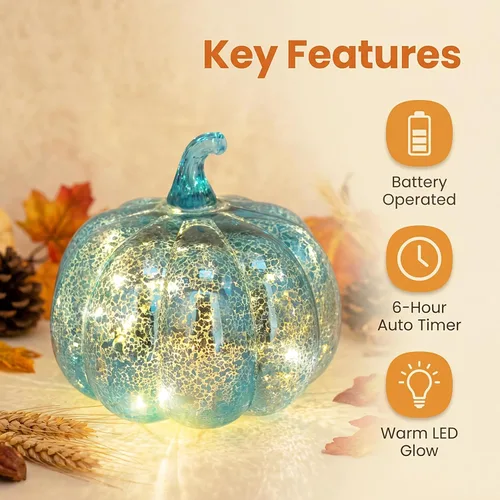 Vista 2 de Fall Decorations for Home,Mercury Glass Pumpkin Lights with Timer(Blue)