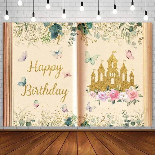 Vista 8 de AIBIIN Libros de cuentos de hadas de 7 x 5 pies, telón de fondo de feliz cumpleaños para niña, libro de apertura antigua, Once Upon a Time, castillo