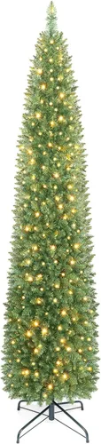 Vista 25 de GOFLAME - Árbol de Navidad artificial de 6 pies con luces LED blancas cálidas preiluminadas, árbol de Navidad con flecos de nieve, 435 puntas