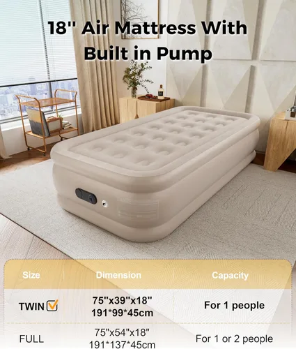 Vista 2 de Colchón de aire individual con bomba integrada, cama de aire inflable individual con bolsa de almacenamiento portátil, adecuado para el hogar e Caqui