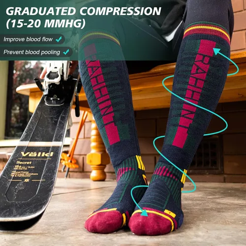 Vista 5 de Rahhint Calcetines de esquí de lana merino paquete de 2 calcetines térmicos de compresión hasta la rodilla para mujer hombre para esquí snowboard