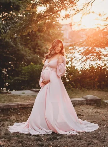 Vista 4 de Fivsole Vestido de maternidad de manga larga de gasa para sesión de fotos, hombros descubiertos, vestidos de maternidad para embarazo, vestidos