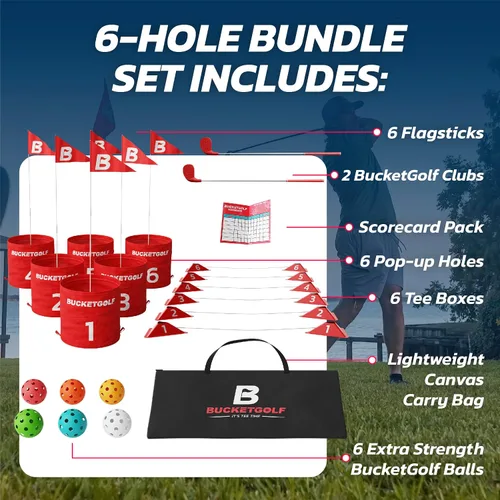 Vista 4 de bucketgolf Juego de 6 hoyos con palos - El mejor juego de golf de patio trasero para todas las edades y niveles, adultos, niños, familias, escuelas