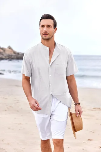 Vista 4 de Ryannology Guayabera - Camisas de lino de manga corta con botones para hombre, estilo casual, playa, campamento cubano, camisa mexicana para hombre