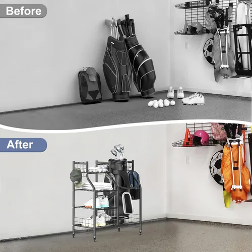 Vista 7 de WALMANN Soporte para bolsa de golf de garaje, almacenamiento grande para bolsas de golf con accesorios de golf, estantes de almacenamiento