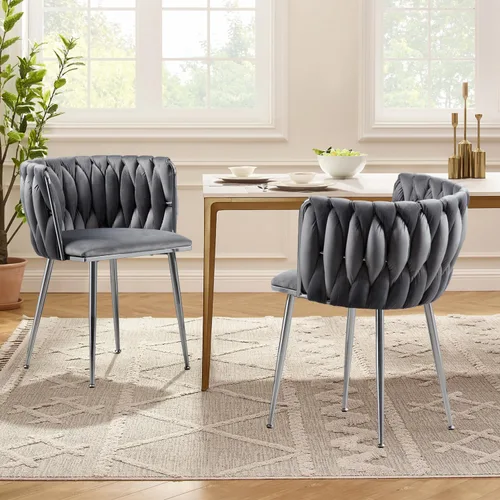Vista 13 de Juego de 2 sillas de comedor de terciopelo, sillas tapizadas tejidas para sala de estar, sillas modernas de cocina y comedor, sillas decorativas
