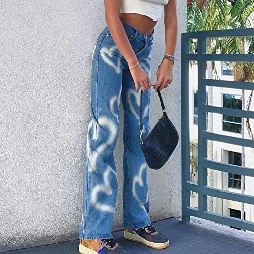 Vista 4 de KMBANGI Y2K Streetwear - Pantalones de mezclilla de cintura alta, para mujer, con pierna ancha, rectos, casuales, holgados, Y2K, diseño urbano