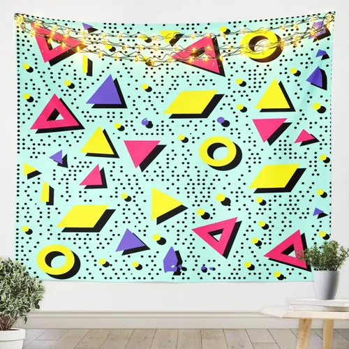 Vista 6 de Tapiz retro de los años 80 y 90, tamaño pequeño de 51 x 59, tapices geométricos abstractos urbanos modernos y colgantes de pared triangulares, arte