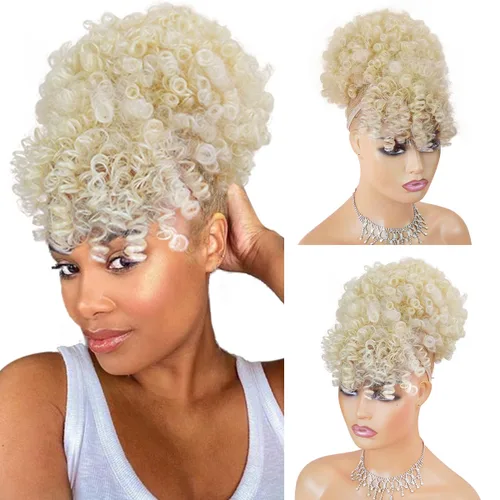 Vista 17 de Cola de caballo con cordón para mujeres negras Afro Puff Cola de caballo con cordón con flequillo Cola de caballo corta crespa y rizada Moño cola