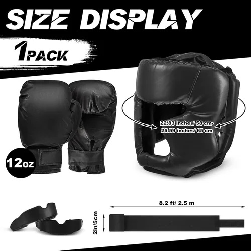 Vista 2 de Kanayu Juego de 7 piezas de guantes de boxeo de 16 onzas, casco para la cabeza, protectores bucales, equipo para adultos, jóvenes, principiantes