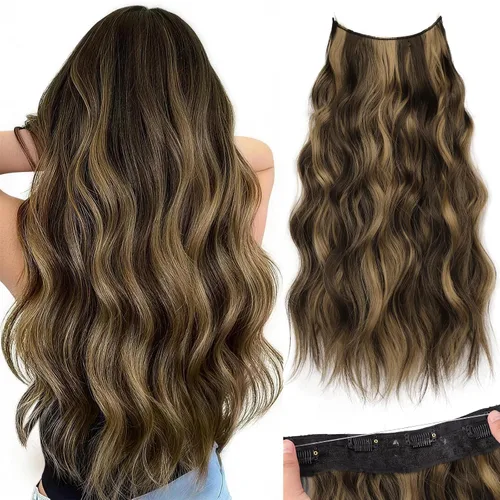 Vista 84 de Extensiones de cabello con hilo invisible, diadema transparente, ajustables, 4 clips fijadores, cabello largo y ondulado de 12 pulgadas, balayage