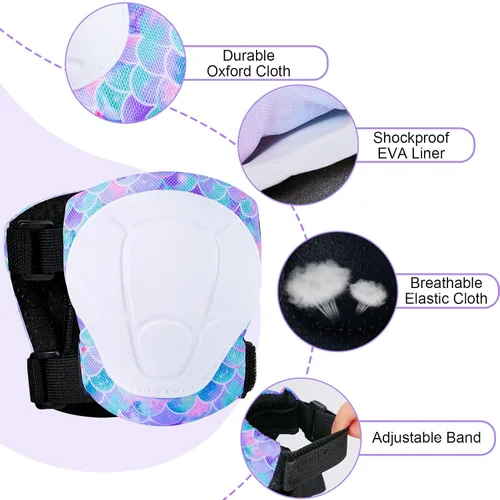 Vista 4 de FIODAY Rodilleras para niños, conjunto de equipo de protección ajustables para niños, rodilleras y coderas con protector de muñeca para niñas
