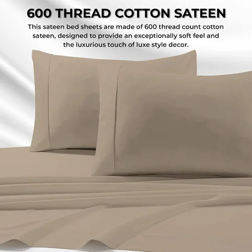 Vista 4 de Tribeca Living Juego de sábanas, sábanas y fundas de almohada de satén de algodón egipcio suave, bolsillo extra profundo, 600 hilos, ropa de cama
