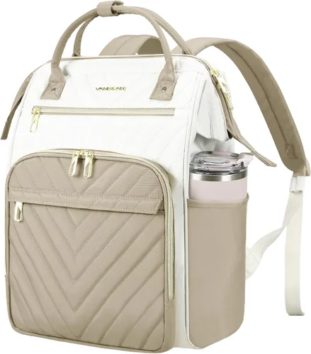 Vista 19 de VANKEAN Mochila para portátil de 17 pulgadas para mujeres y hombres, bolsa de trabajo de computadora de moda, Beige-café, 15,6 pulg., 7702