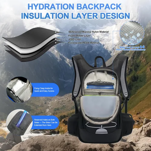 Vista 3 de Mochila de hidratación de 20 L, ligera, transpirable, con bolsa de agua de 2 L, correas ajustables para el pecho, chaleco de hidratación