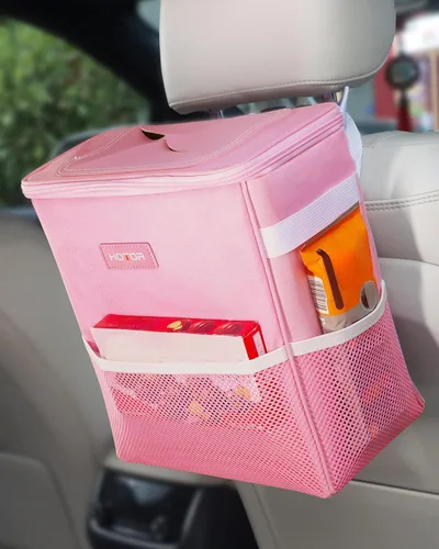 Vista 13 de HOTOR - Organizador de auto con tapa y bolsillos de almacenamiento, 100 % a prueba de fugas, resistente al agua, cubo de basura para autos Negro