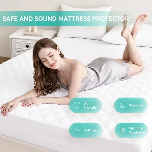 Vista 2 de Funda de colchón acolchada tamaño matrimonial, protector de colchón impermeable, bolsillo profundo elástico que se adapta a hasta 21 pulgadas