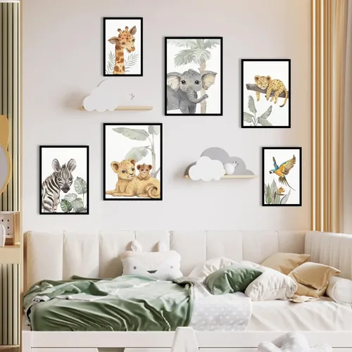 Vista 4 de HLJ ART Arte de pared para guardería de animales de safari: decoración de pared de guardería de bosque, juego de 6, imágenes de animales de bebé