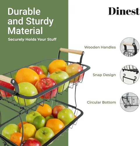 Vista 3 de DINEST Cesta de frutas de 2 niveles para encimera de cocina, organizador de almacenamiento de frutas y verduras de metal desmontable con mango