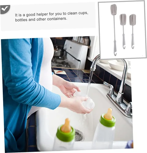Vista 4 de Kit de cepillo para botellas de espuma, paquete de 3 cepillos de tubo para limpiar botellas de leche, limpiador de jabón, mango largo para bebé