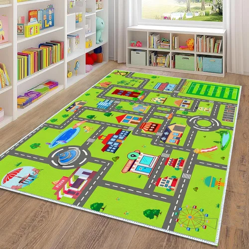 Vista 14 de Alfombra de coche para niños, 2 pies 7 pulgadas x 4 pies, alfombra de juego de tráfico urbano para autos de carreras y juguetes, divertida alfombra