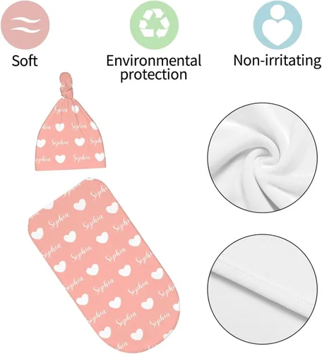 Vista 6 de Mantas personalizadas para bebé recién nacido, gorro con diadema para bebé, niña y niño con nombre, icono personalizado y fuentes, saco de envolver
