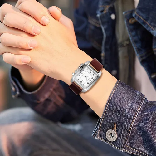 Vista 4 de Avaner Reloj cuadrado de cuero para hombre, reloj rectangular de gran tamaño, reloj de pulsera de cuarzo analógico vintage con ventana de calendario