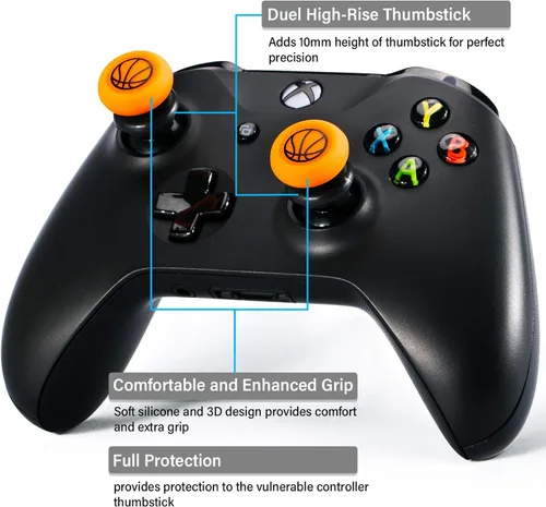 Vista 2 de Playrealm FPS Thumbstick Extender & Printing Rubber Silicone Grip Cover 2 Sets for Xbox Series XS & Xbox One Controller(Basketball)