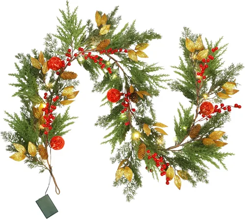 Vista 2 de GUOOU Guirnalda de Navidad iluminada de 6 pies, guirnalda de Navidad a pilas con luces, guirnalda preiluminada con bolas rojas para interiores