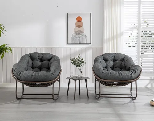 Vista 8 de Juego de 2 mecedoras para exteriores, silla mecedora de huevos de mimbre de gran tamaño, para interiores y exteriores, cómoda silla mecedora con Gris