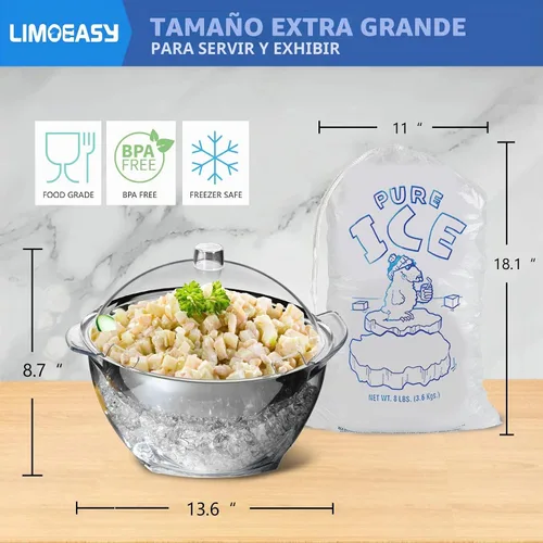 Vista 3 de LIMOEASY Tazón para ensalada helada, tazón grande de 4.5 Qt para servir frío con tapa para fiestas, tazones de hielo para mantener frías