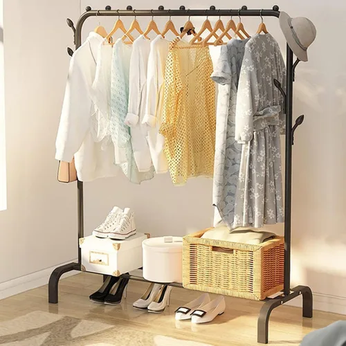 Vista 2 de Perchero de metal para ropa, antideslizante, resistente con estante inferior para colgar ropa, abrigos, faldas, camisas, suéteres, color negro