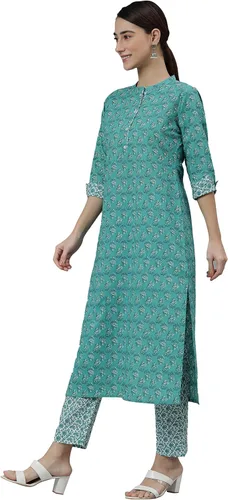 Vista 4 de Janasya Kurta de algodón verde indio con pantalón y dupatta para mujer