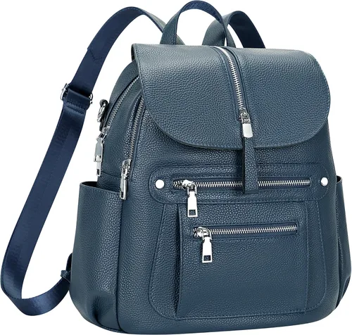 Vista 2 de ALTOSY Mochila de cuero para mujer, bolso casual de moda con múltiples bolsillos y solapa, Azul índigo, Viajar