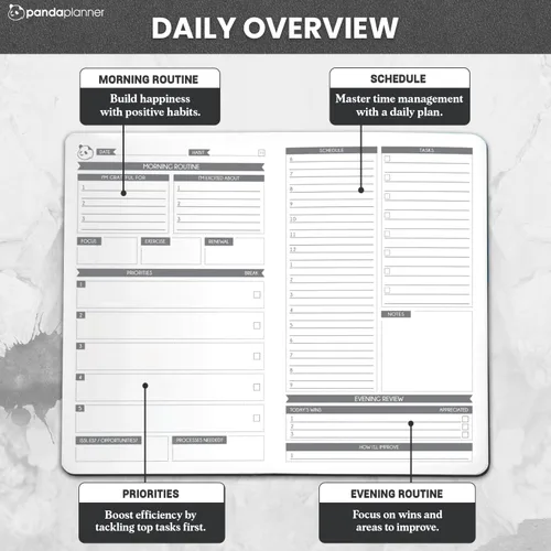 Vista 2 de Panda Planner - Agenda diaria sin fecha, organización de 90 días, productividad para emprendedores, objetivos establecidos, agenda semanal y mensual